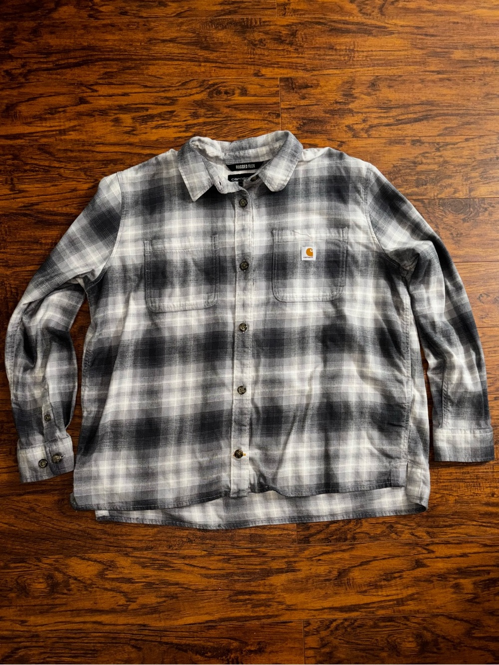 Carhartt Rugged Flex Button-Down Gray White Plaid Flannel Loose Fit Work Shirt